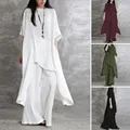 Women Cotton Linen Pant Sets 2 Pieces Casual Half Sleeve Solid Loose Blouse&High Elastic Waist Wide Leg Full Trousers Suits preview-1