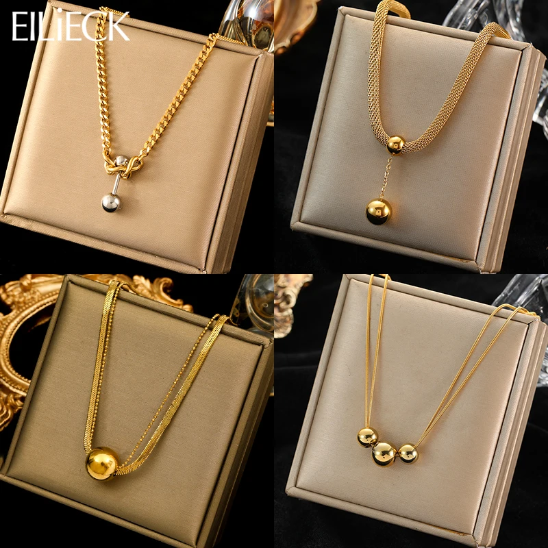 EILIECK 316L Stainless Steel Glossy Bead Ball Pendant Necklace For Women Girl Fashion Waterproof Neck Chain Jewelry Gift Collar-animated-img