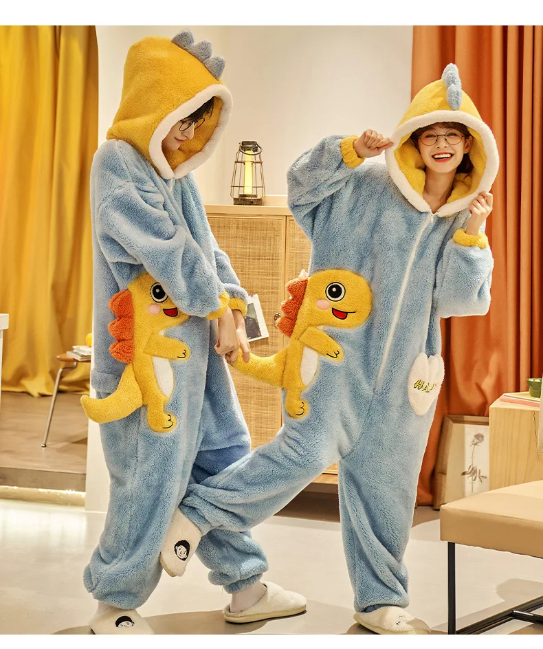 Dinosaur Adults Anime Onesies Winter Women Pajamas Coral Fleece Jumpsuit Men Couple Pijama Extra Thicken Cute Sleepwear Pyjamas-animated-img