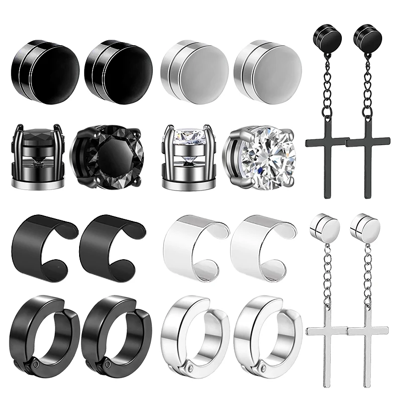 1 Pairs of Magnetic Clip Earrings Stainless Steel Stud Earrings for Men Women Black CZ Magnet Non-piercing Clip Earring Set-animated-img