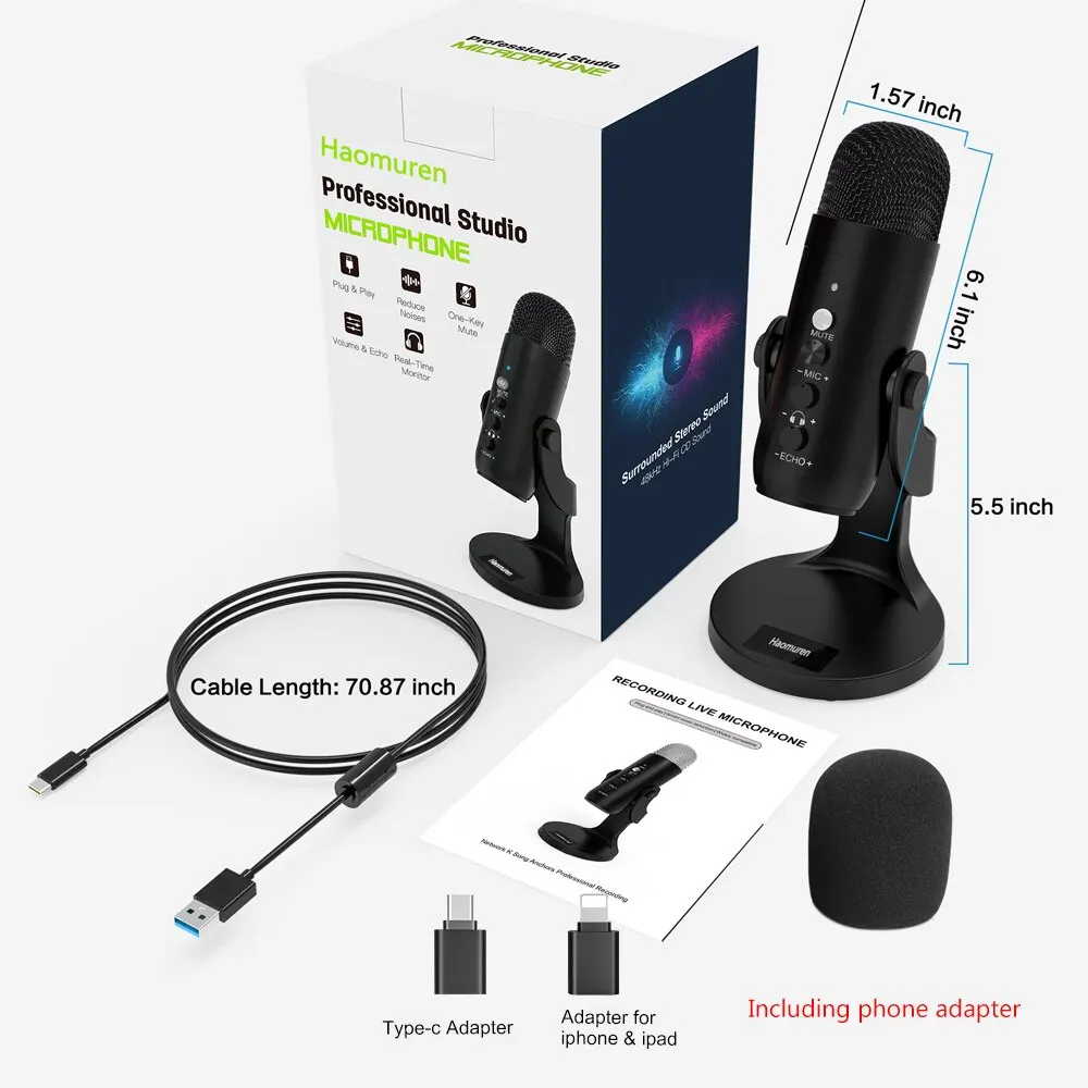 Haomuren USB Microphone for PC Mac Gaming Recording Stream Podcast, Computer Condenser Mic with Phone Adapter Headphone Output-animated-img