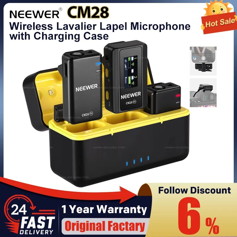 NEEWER CM28 Wireless Lavalier Lapel Microphone with Charging Case compatible with iPhone 15 Pro Max Plus Galaxy S23 Ultra-animated-img