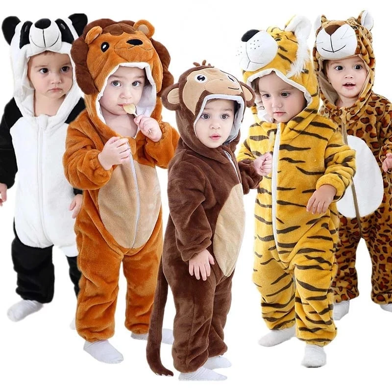 Winter Baby Rompers Baby Pijamas Panda Tiger Leopard Monkey Fox Animal Cartoon Hooded Jumpsuits Cosplay Costume Boys Girl Pajama-animated-img