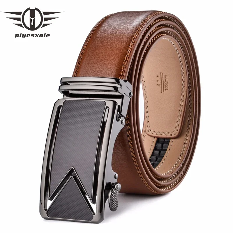 Plyesxale Men Belt 2024 Cowhide Genuine Leather Belts For Men Luxury Automatic Buckle Belts Brown Black Cinturones Hombre B55-animated-img