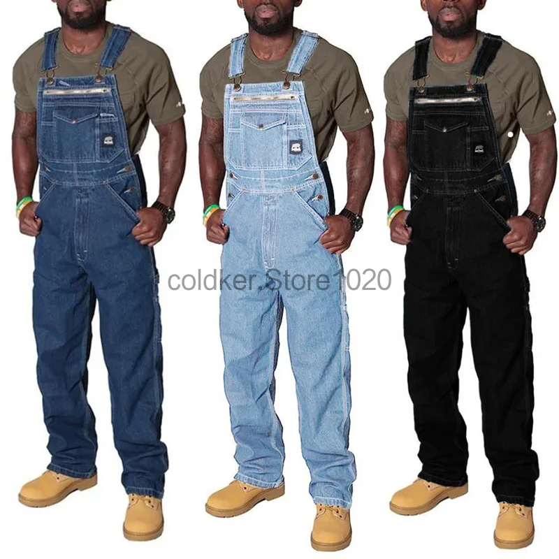 2024 Men's Denim Cargo Trousers Blue Multi Pocket Jumpsuit Solid Summer Fashion Splice Straight Rompers Men Casual Streetwear-animated-img