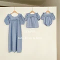 Family Matching Summer Kids Girl Cotton Top Puff Sleeve Plaid  Woman Dress Toddler Baby Girl Bodysuit Mother Daughters Outfits