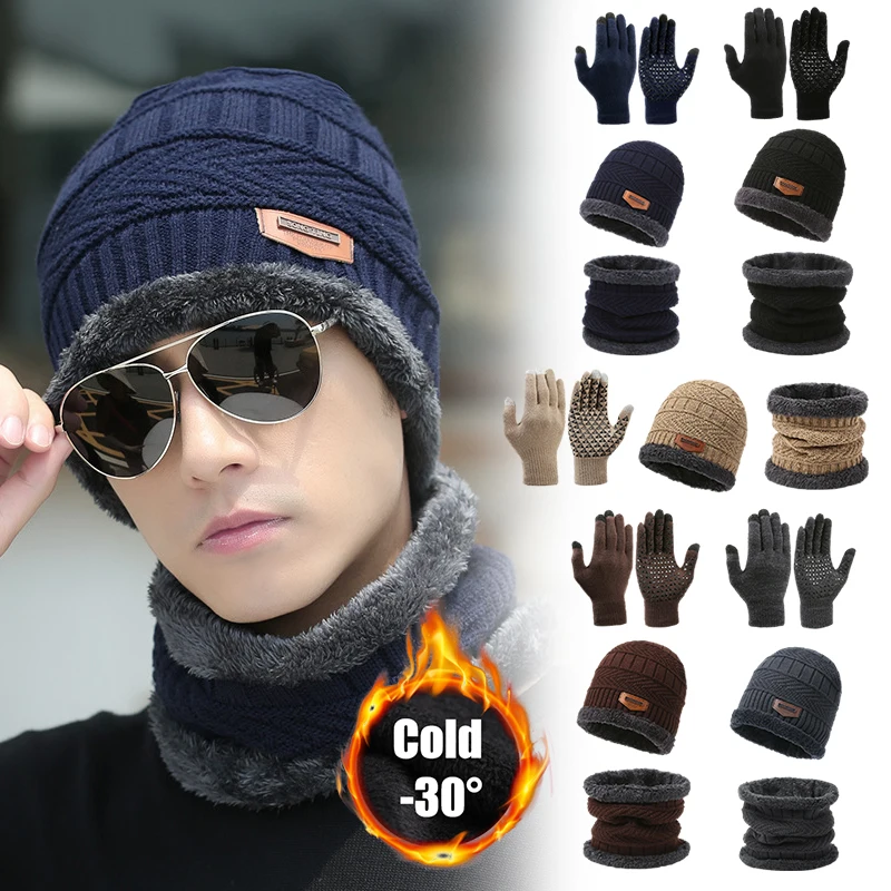 3Pcs/Set Winter Warm Cap Scarf Gloves Men Thermal Windproof Thickened Knit Hats For Running Cycling Outdoor Sports-animated-img