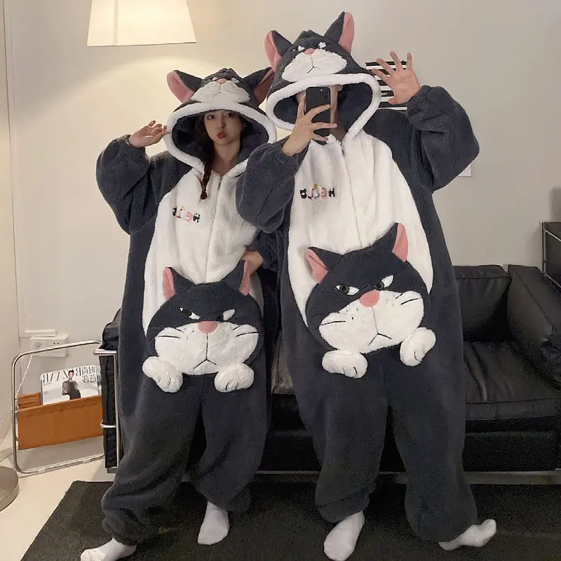 Winter Thicken Women Men Couple Pajamas Jumpsuits Cartoon Shark Kawaii Sleepwear Adult Onesies Hoodie Coral Fleece Lover Pyjamas-animated-img