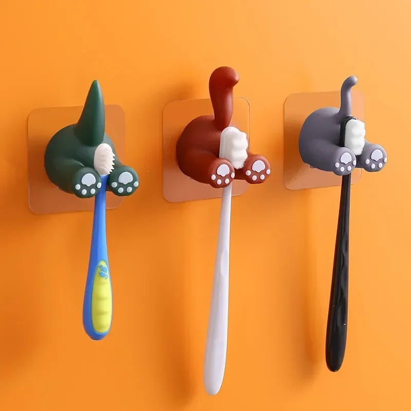 Cartoon Animal Tail Toothbrush Holder Punch-Free Wall Hook Cute Self-adhesive Bathroom Towel Hook Children Toothbrush Holder-animated-img