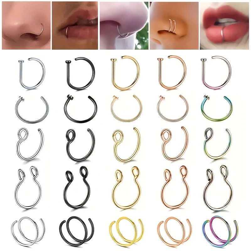 3Pcs/5Pcs Fake Piercing Nose Lip Ring Clip For Men Stainless Steel Fake Nose Septum Ring Body Jewelry Unisex-animated-img