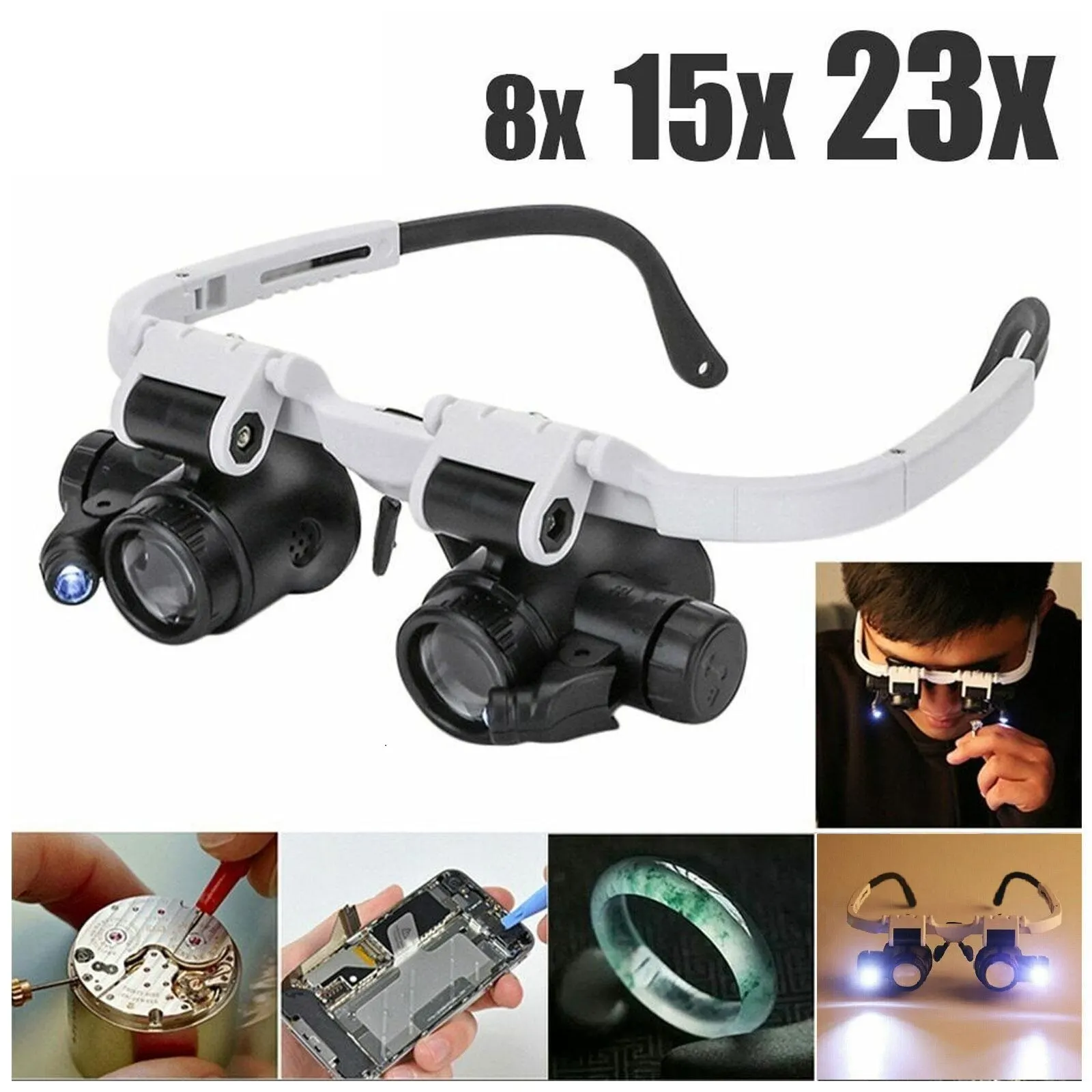2XLED Watch Jeweler Repair Magnifier Head-Mounted Headband Adjustable Magnifying Head Eye Glasses Loupe Lens 8X 15X 23X-animated-img