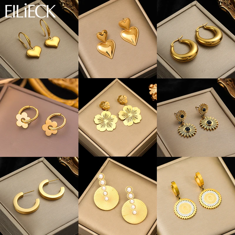 EILIECK 316L Stainless Steel Gold Color Heart Flower Drop Earrings For Women Fashion Non-fading Ear Jewelry Gifts Aretes Bijoux-animated-img