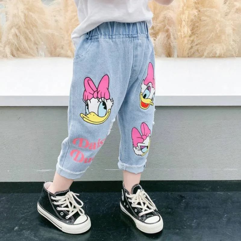 Spring Summer Children Cartoon Daisy Jeans Thin Baby Girls Loose Denim Pants Kids Fashion Casual Trousers for 2-6 Years-animated-img