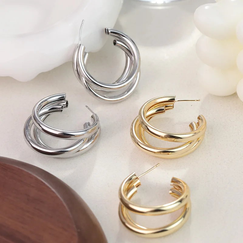 Three-Layers Gold Color Dangle Earrings For Women Korean C-Shaped Hollow Metal Drop Earrings Personality Punk Ear Jewelry Gifts preview-4