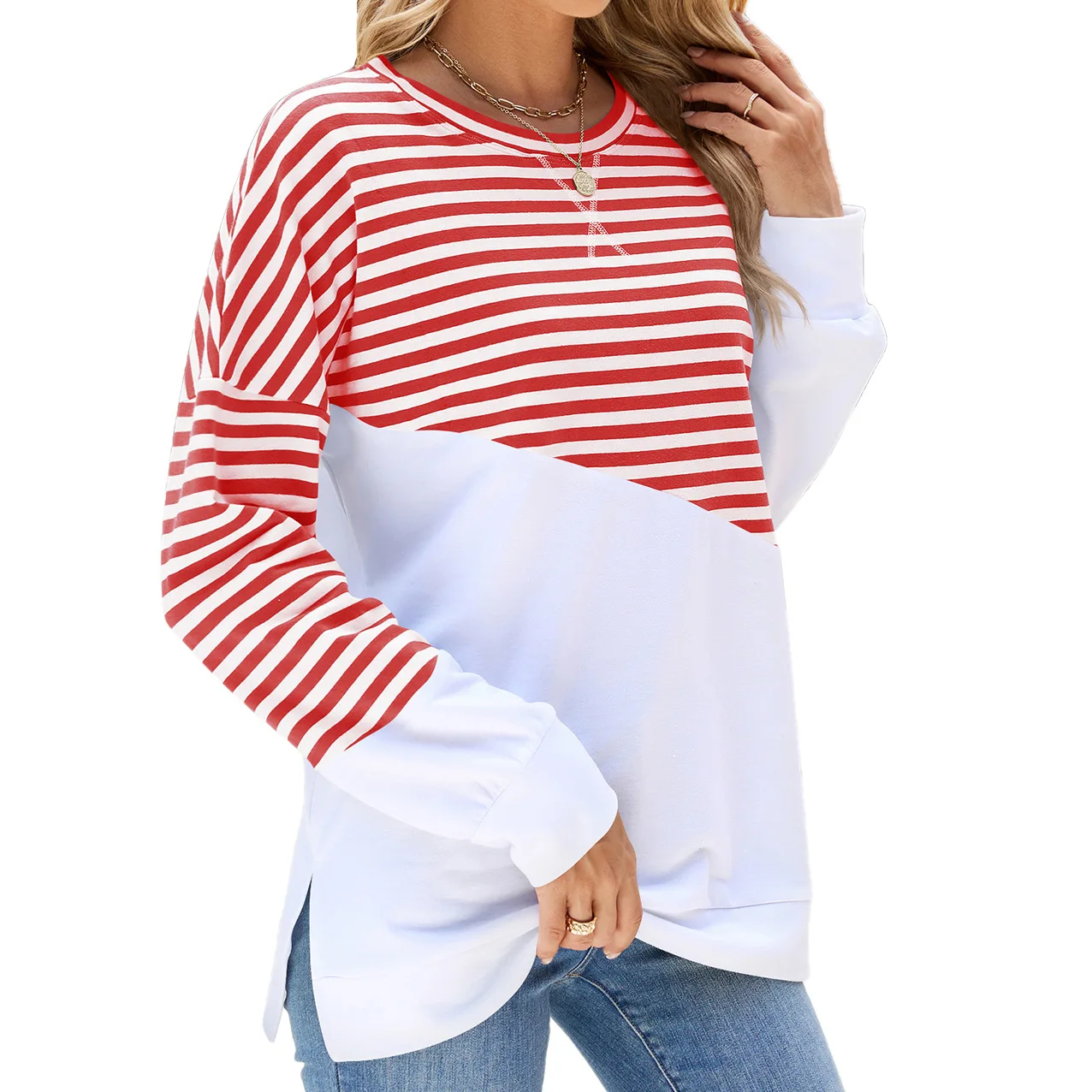 2024 New Sweater Coat Women Baggy Striped Sweatshirt Oversized Casual Top Trendy Pullover Long Sleeve T Shirt Color Block Hoodie-animated-img