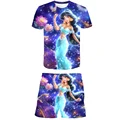 Disney Clothing Set Disney jasmine Princess Cartoon T-shirt+Shorts Children Girls Summer Casual Fashion Clothing Suit