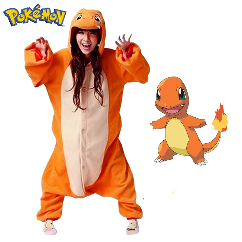 קנו אלי אקספרס  Pokemon Anime Cartoon Charmander One-piece Pajamas Couple  Parent-child Casual Loungewear Cosplay Halloween Costume Birthday Gift