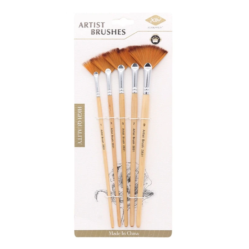 6Pcs Fan Brush for Painting Set Hog Bristle Hair Long Handle Professional  Artist for Acrylic Painting Oil Watercolor Painting