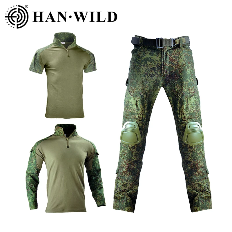 HAN WILD Tactical Shirt CAMO Climbing Clothes Uniform T-Shirt Hunting Shirts Wear Resistant Combat Shirt Cargo Pants Knee Pads-animated-img