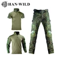 HAN WILD Tactical Shirt CAMO Climbing Clothes Uniform T-Shirt Hunting Shirts Wear Resistant Combat Shirt Cargo Pants Knee Pads