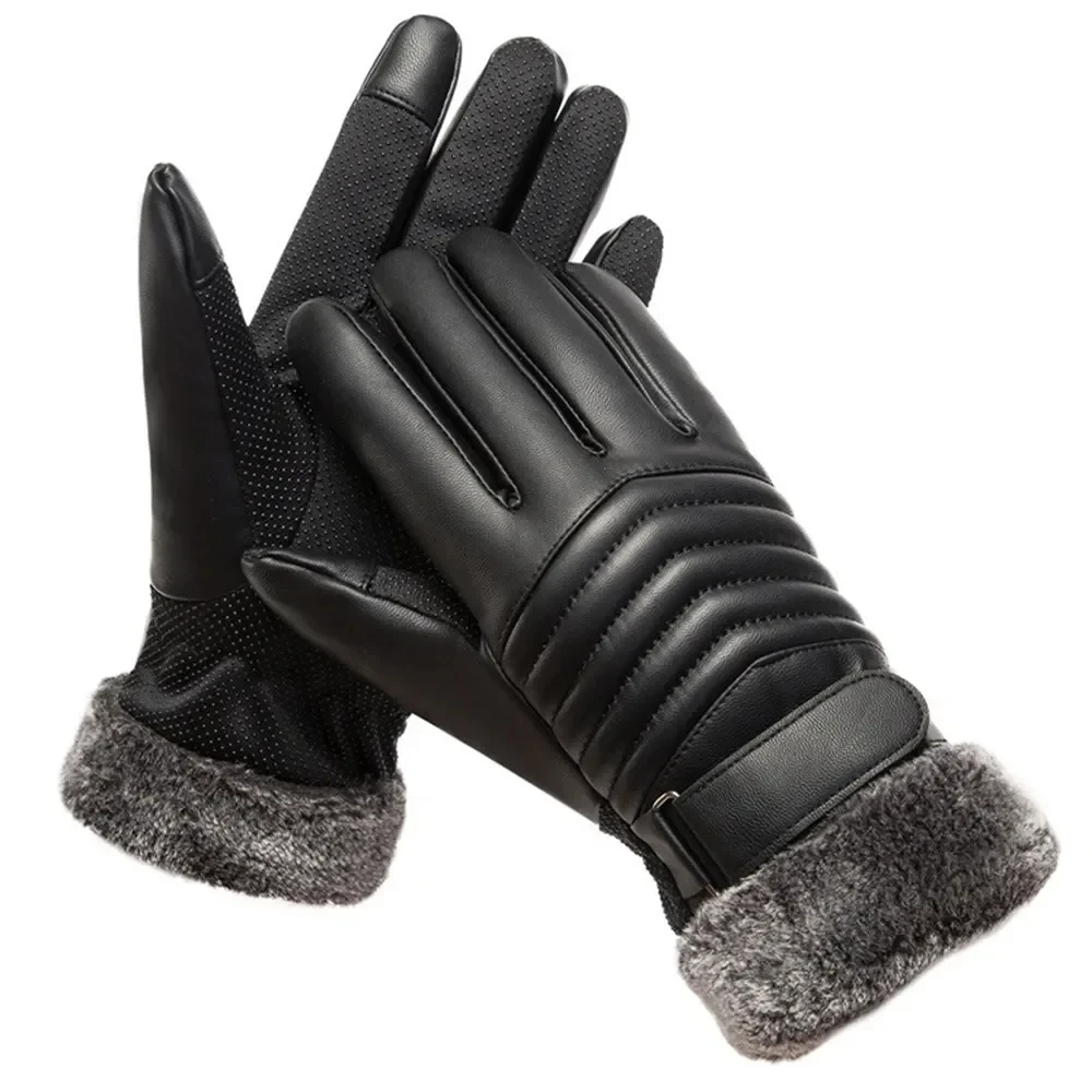 Gloves Winter MEN'S Fur Mouth Plush Insulation Gloves Outdoor Cycling Motorcycle PU Touch Screen Cotton Gloves-animated-img