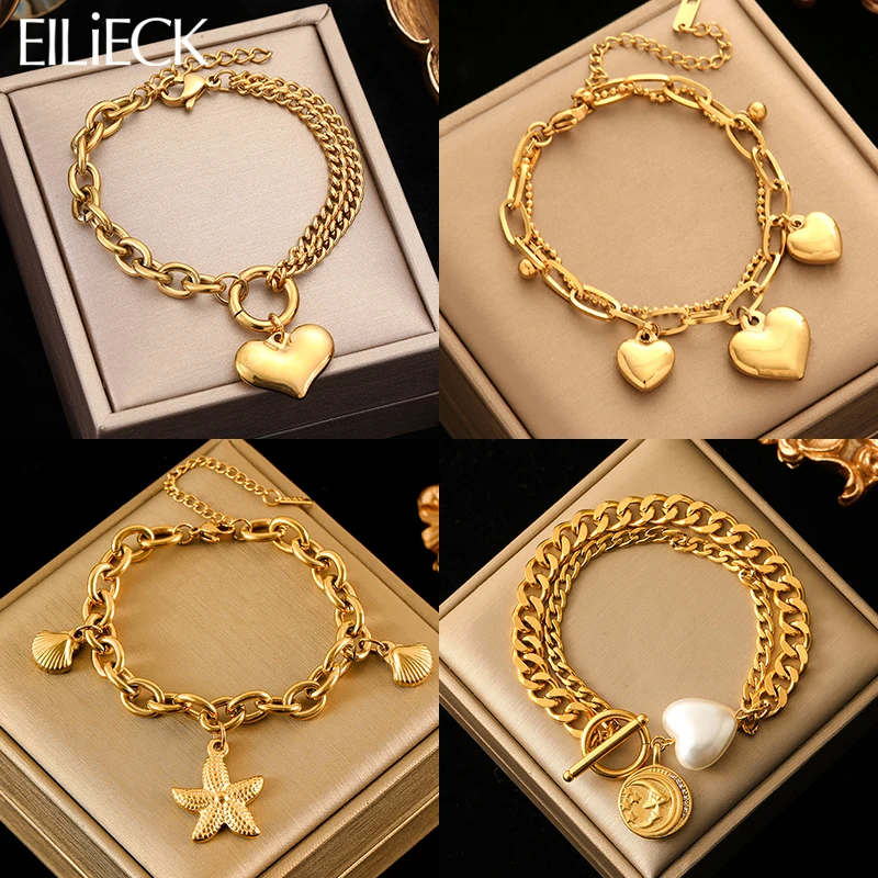 EILIECK 316L Stainless Steel Starfish Heart Pearl Charm Bracelet For Women Trendy Gold Color Wrist Chain Jewelry Holiday Gifts-animated-img