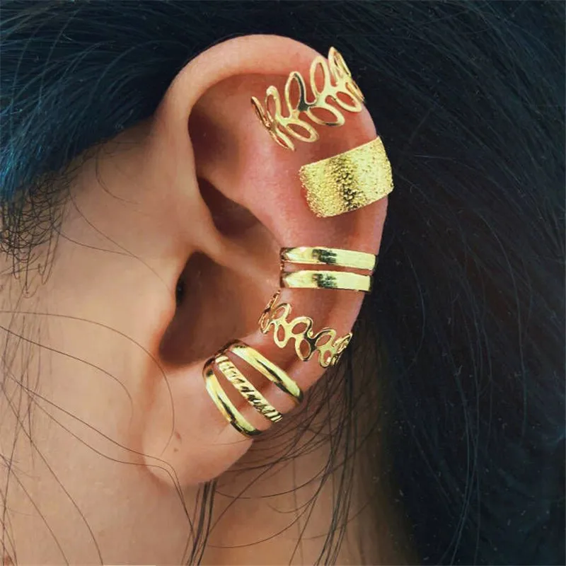 Gold Color Leaves Ear Cuff Black Non-Piercing Ear Clips Fake Cartilage Earrings Clip Earrings For Women Men Wedding Jewelry-animated-img