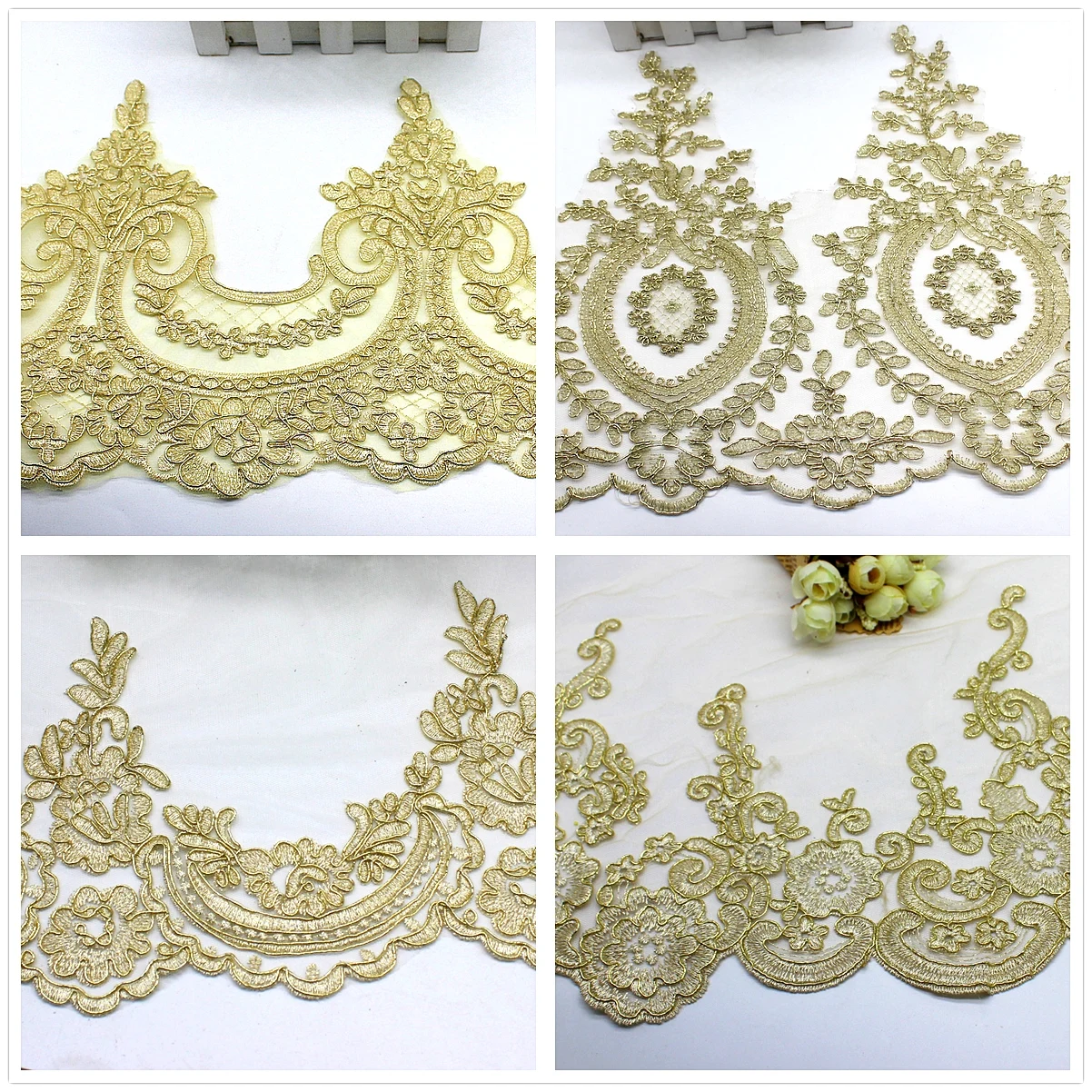 Delicate 1Yard Gold Embroidery White Mesh Lace Trim Diy Luxury Applique  Flowers Garment Lace Fabric for Wedding Dresses 20cm