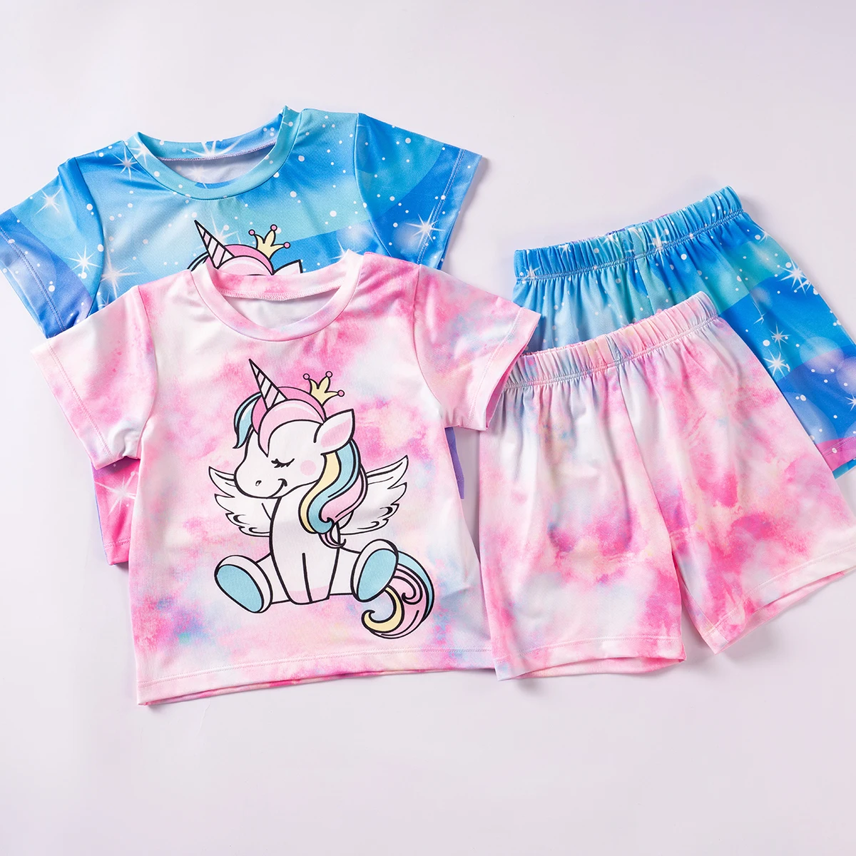 Children Suit Summer Boy and Girl Clothing Unicorn Tie-dye Style Short-sleeved Top + Loose Shorts 2pcs Breathable Fashionable-animated-img