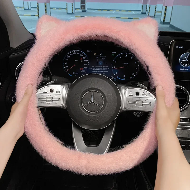 Winter Fluffy Four Seasons Universal Car Steering Wheel Cover Popular Internet Cat Ear Decoration Vehicle Mounted Glove Cover preview-2
