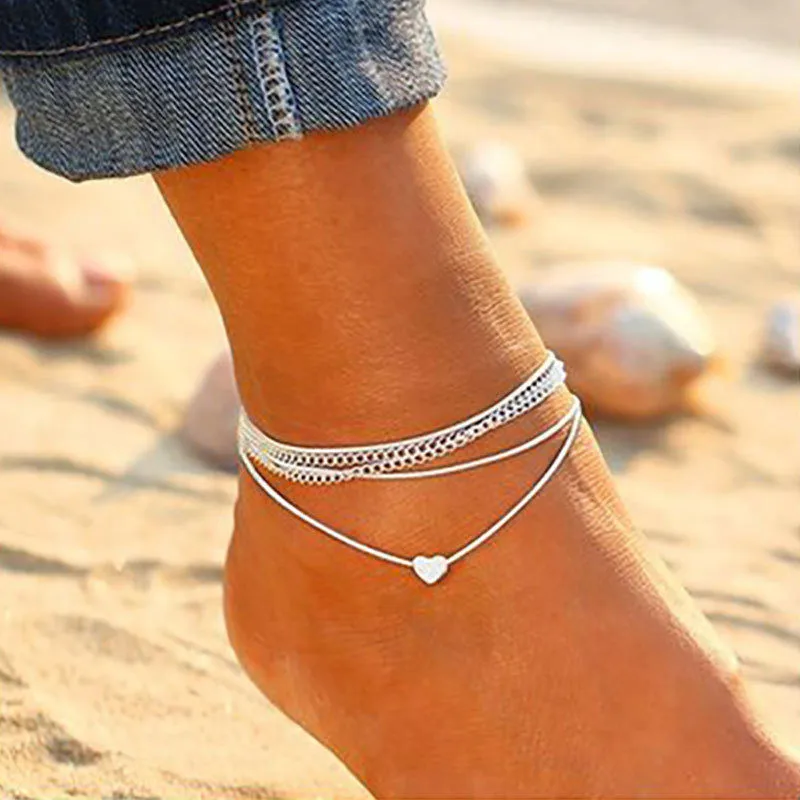 Modyle New Bohemian Silver Color Chain Anklet Bracelet for Women Fashion Heart Female Anklets Barefoot Summer Beach Foot Jewelry-animated-img