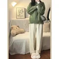 Japanese Vintage Green Round Neck Pullover Sweater Women's Loose Fit Casual Style Thickened Autumn Winter Outerwear Knit Top preview-2