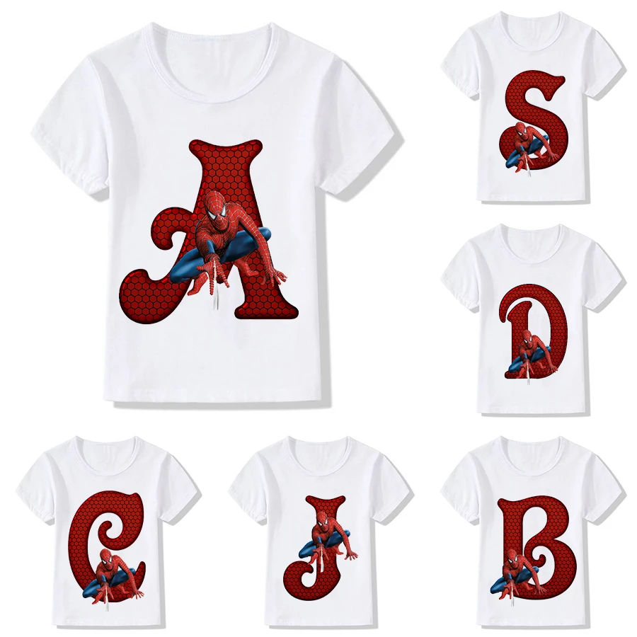 New Children T-Shirt Girl Boy Marvels SpiderMan Letter A-Z Kawaii Cartoons Clothes Kid Tee Shirts Little Baby Casual Fashion Top-animated-img