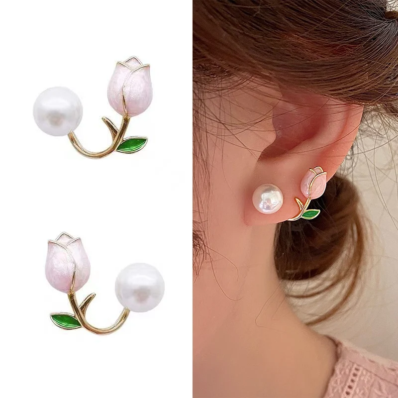 French Light Luxury Pink Tulip Flower Pearl Stud Earrings For Women Korean Zircon Exquisite Earring Party Christmas Jewelry Gift-animated-img