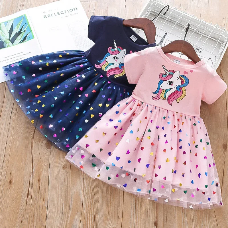 Kids Dresses for Girls Sohort Sleeve Unicorn Girls Sequins Costume Princess Dress Kids Daily Clothes-animated-img