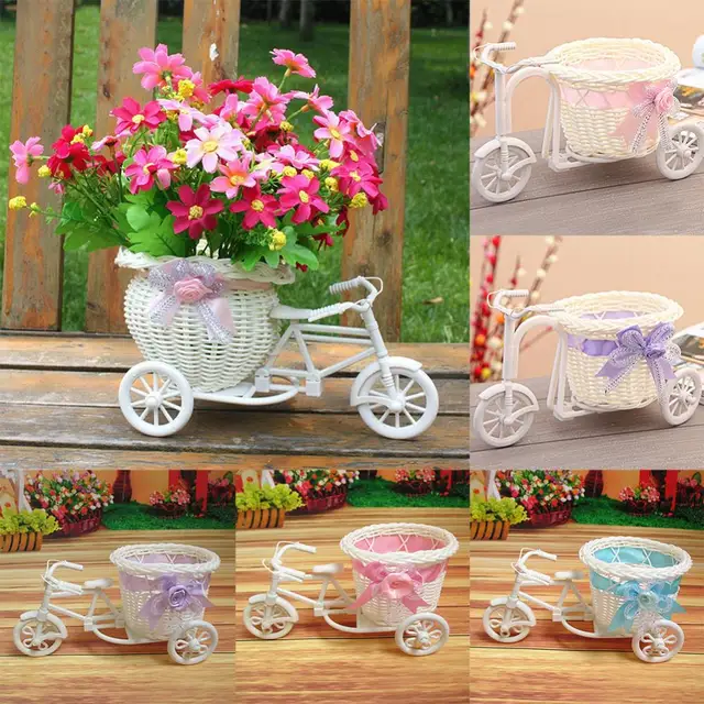 Rattan Flower Basket Vase Tricycle Bicycle Model Home Garden Wedding Party Decor Romantic Lovely Decor Figurines Miniatures-animated-img