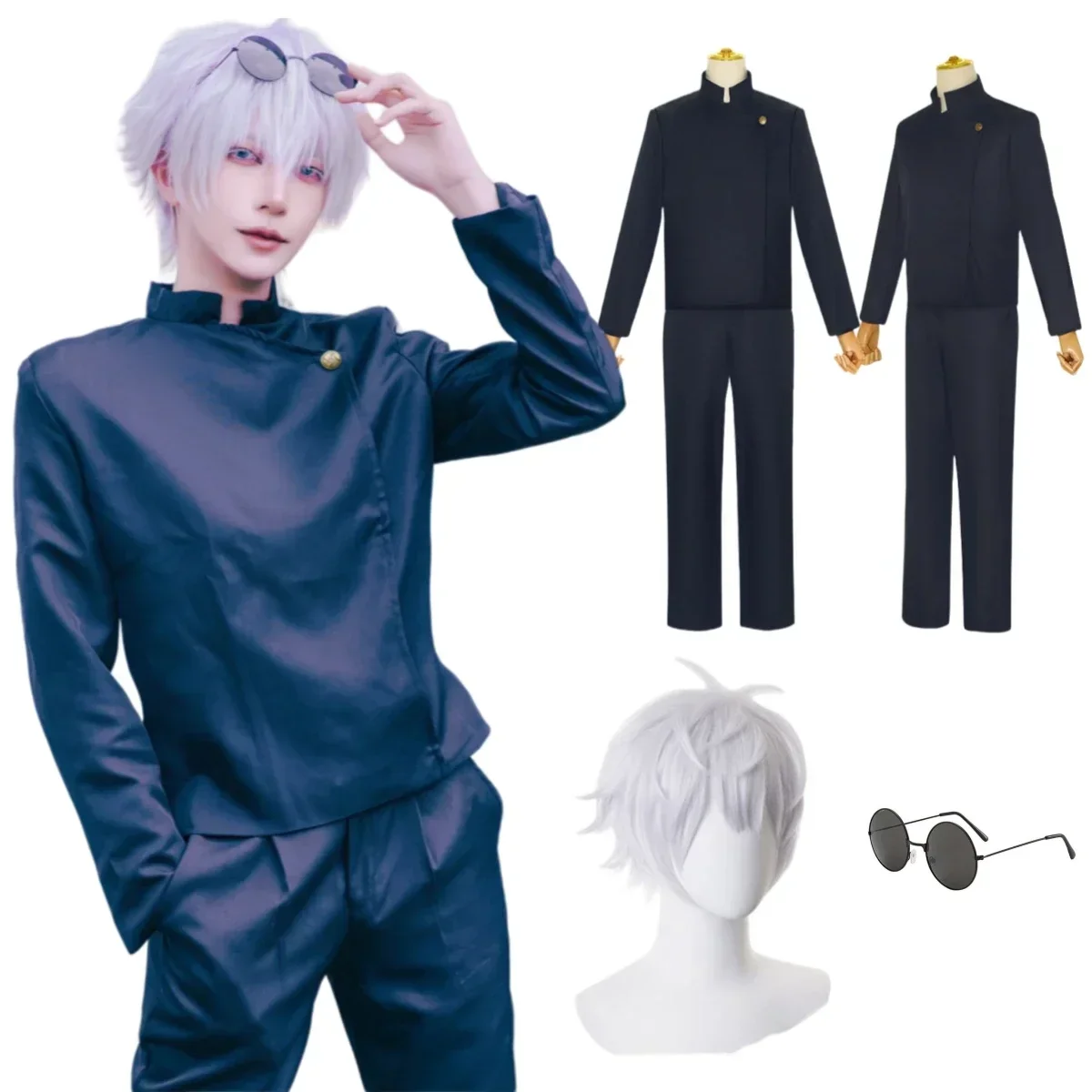 Gojo Satoru Cosplay Costumes pour hommes, Anime  iforme de lycée, Perruque trempée, Costume d'Halloween, Vêtements pour adultes-animated-img