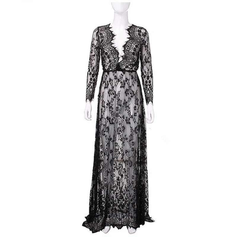 Ladies Long Gowns Black Lace See Though 