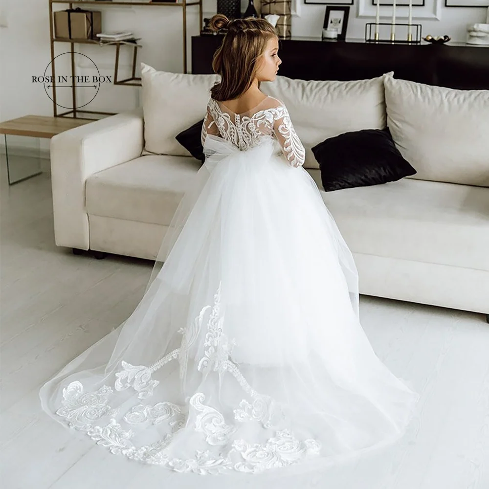 Long Sleeves Lace Princess Flower Girl Dresses 2024 Ball Gown Communion White Dresses For Little Girls Robe Mariage Enfant Fille-animated-img