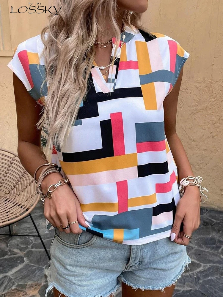 Women's Blouse Casual Short Sleevee Shirt Simple V Neck Tops Elegant Shirts And Blouses Deals Summer Youthful Woman Clothes 2024-animated-img