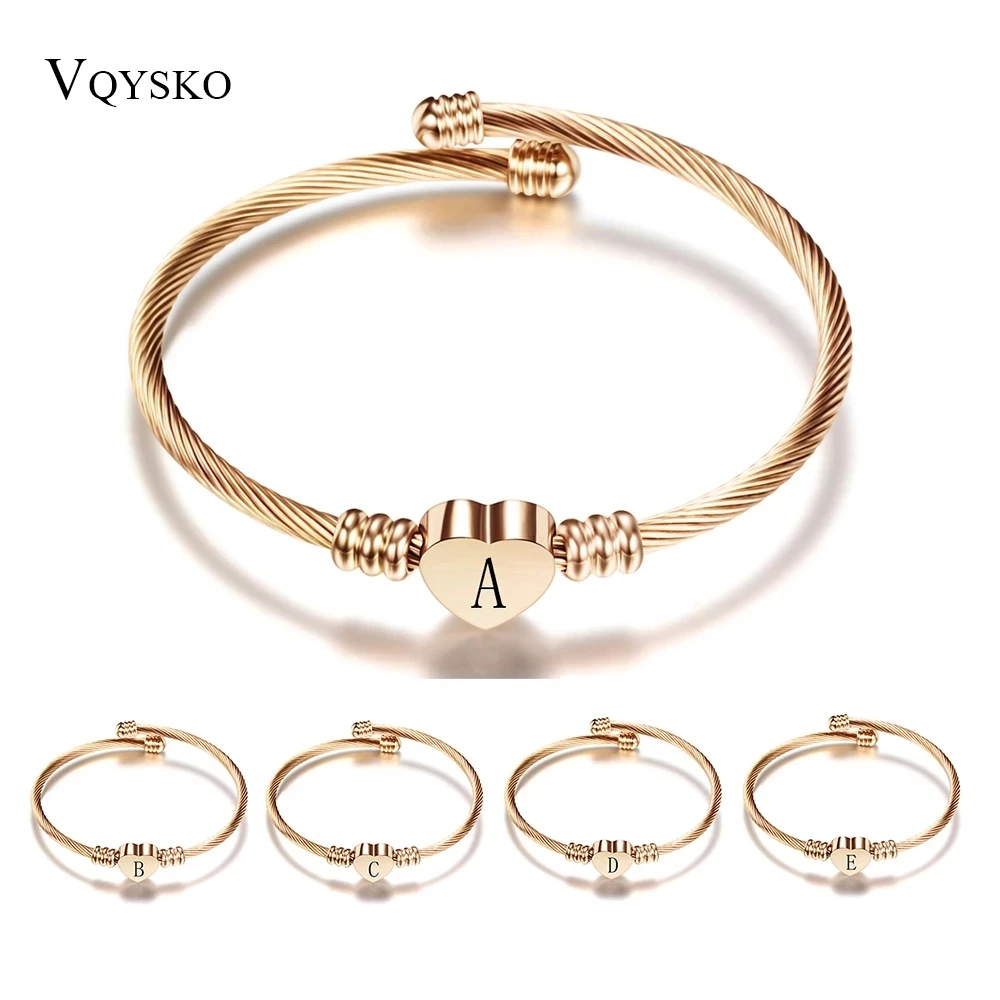 Rose gold Color Stainless Steel Heart Bracelet Bangle With Letter Fashion Initial Alphabet Charms Bracelets For Women-animated-img