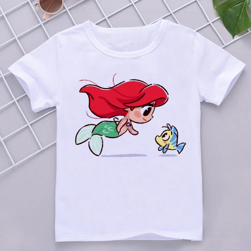 Disney Child Mermaid Princess Kawaii Printed T-shirt Baby Girl Soft Cartoon Clothing Cute Graphic Tops Kids Funny Tees Dropship-animated-img