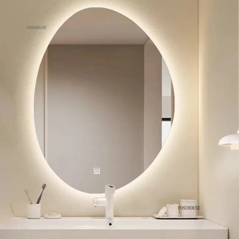 Modern Irregular Bath Mirrors Luminous Defogging Smart Bathroom Mirrors Home Bathroom Makeup Mirror Wall Mounted Art Mirrors B-animated-img