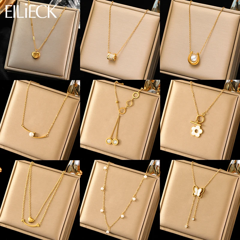 EILIECK 316L Stainless Steel Simple Zirconia Pearl Pendant Necklace For Women Fashion Collar Neck Chain Waterproof Jewelry Gift-animated-img