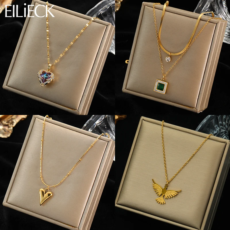 EILIECK 316L Stainless Steel Phoenix Heart Square Zircon Pendant Necklace For Women Girl New Fashion Neck Chain Jewelry Gift-animated-img