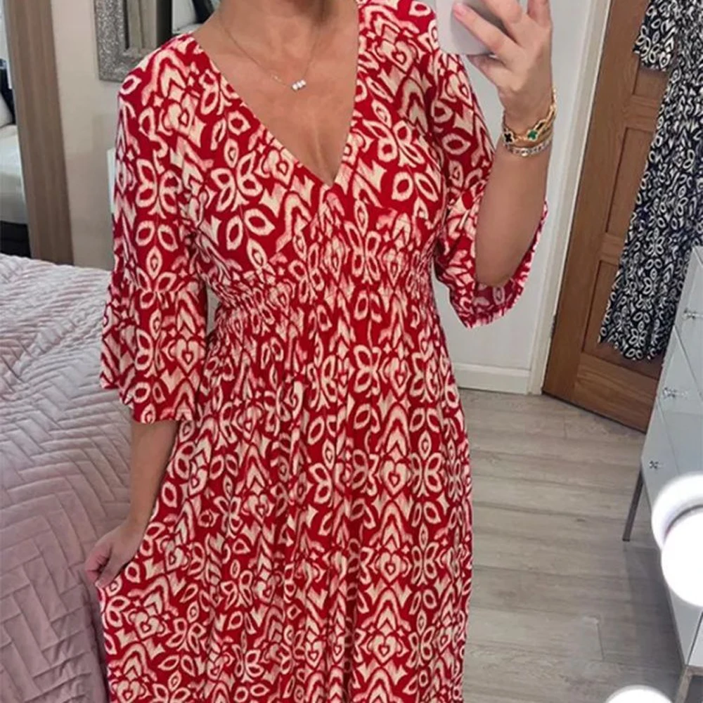 Sexy V Neck Half Sleeve Butterfly Floral Print Maxi Long Dress Summer Female Tunic Elastic Waist Loose Holiday Party Dresses-animated-img