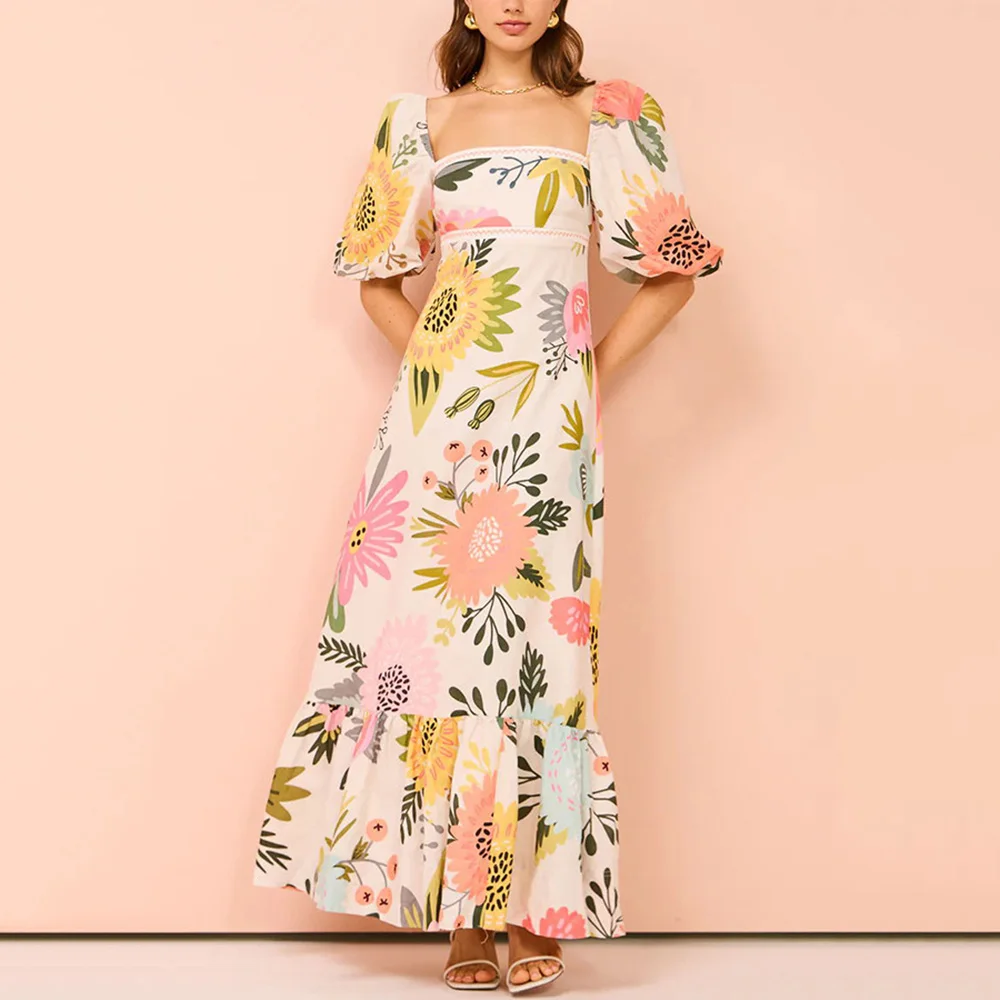 Women Floral Print Maxi Dress Square Neckline Lantern Sleeves Silhouette for Vacation Prom or Party Cotton and Line Long Dresses-animated-img