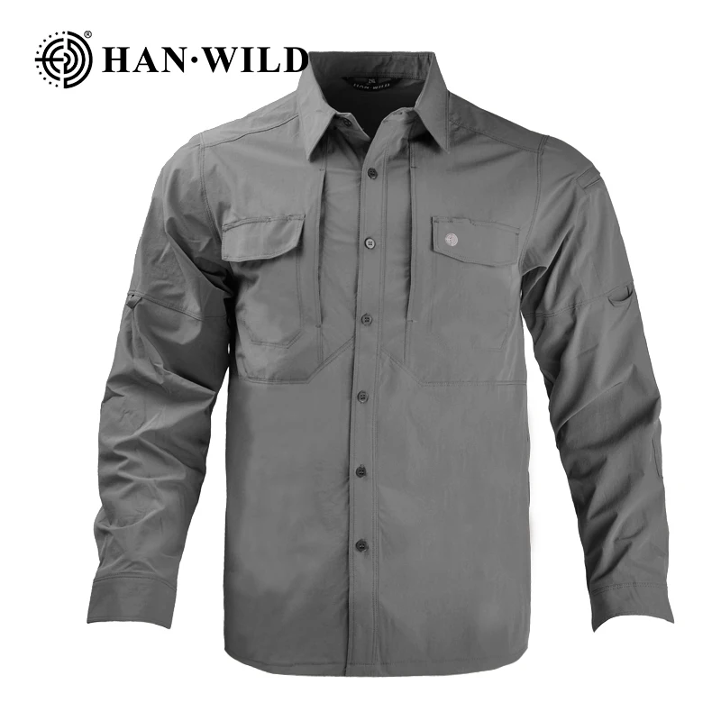 HAN WILD Summer Tactical Shirts Men's Breathable Long Sleeve Multi-Pockets Work Combat Cargo Shirts Quick Dry Camping Clothes-animated-img