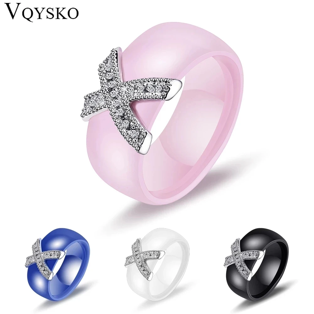 Fashion Jewelry Women Ring With AAA Crystal 8 mm X Cross Ceramic Rings For Women Wedding Party Accessories Gift Design-animated-img