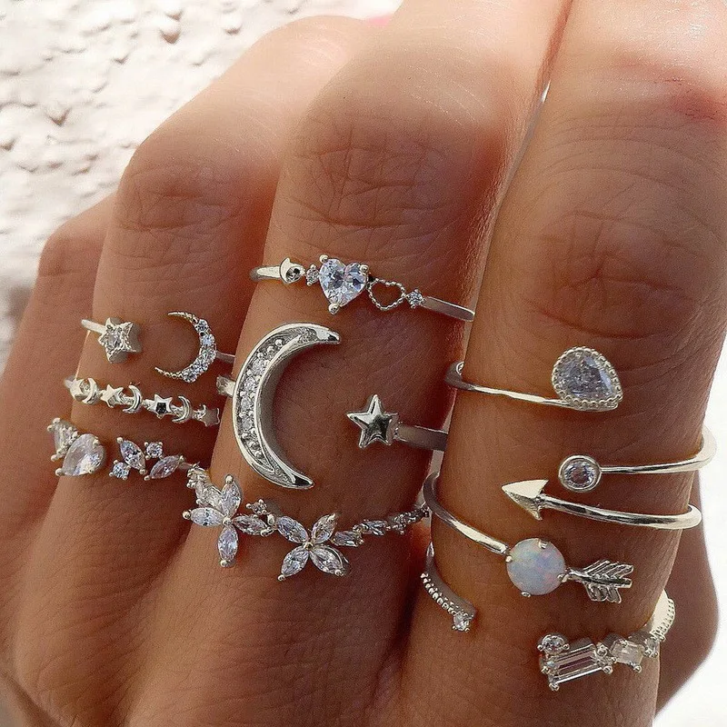 Silver Color Crystal Rings Set for Women, Cubic Zirconia Moon Arrow Flower Heart Finger Wedding Rings, Female Fashion Jewelry-animated-img